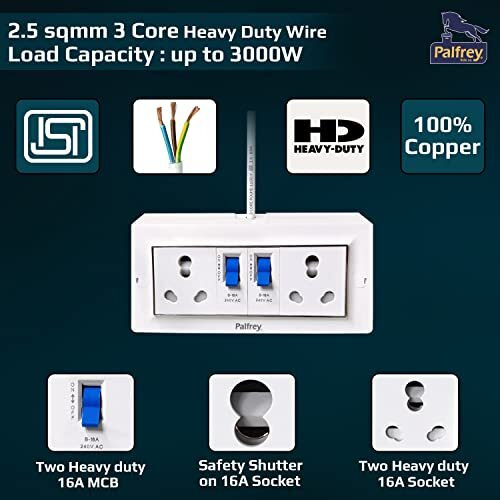 Palfrey Extension Board - Two 16A Socket With Safety Shutter & Two 16A Mcb Switch | 16A 3 Pin Plug With Indicator | 2.5 Sqmm 3 Core Cable | White Color | 2 Meter (3000W - 2.5Mm Cable, 2 Meter)