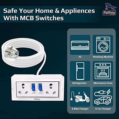 Palfrey Extension Board - Two 16A Socket With Safety Shutter & Two 16A Mcb Switch | 16A 3 Pin Plug With Indicator | 2.5 Sqmm 3 Core Cable | White Color | 2 Meter (3000W - 2.5Mm Cable, 2 Meter)