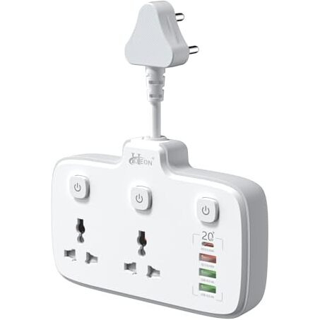 Hoteon Extension Board, Individual Switch Power Strip With 20W Fast Pd/Type C, 2500W 10A Extension Cord With 2 Universal Socket, 1 Qc3.0 Port & 2 Usb-A, Surge Protection For Home