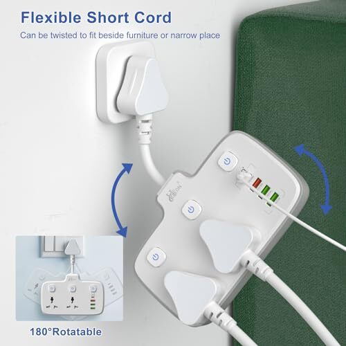 Hoteon Extension Board, Individual Switch Power Strip With 20W Fast Pd/Type C, 2500W 10A Extension Cord With 2 Universal Socket, 1 Qc3.0 Port & 2 Usb-A, Surge Protection For Home