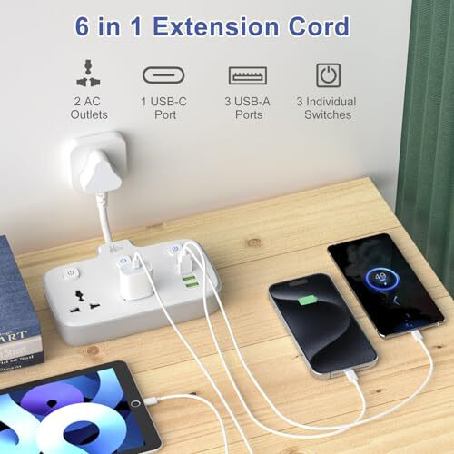 Hoteon Extension Board, Individual Switch Power Strip With 20W Fast Pd/Type C, 2500W 10A Extension Cord With 2 Universal Socket, 1 Qc3.0 Port & 2 Usb-A, Surge Protection For Home