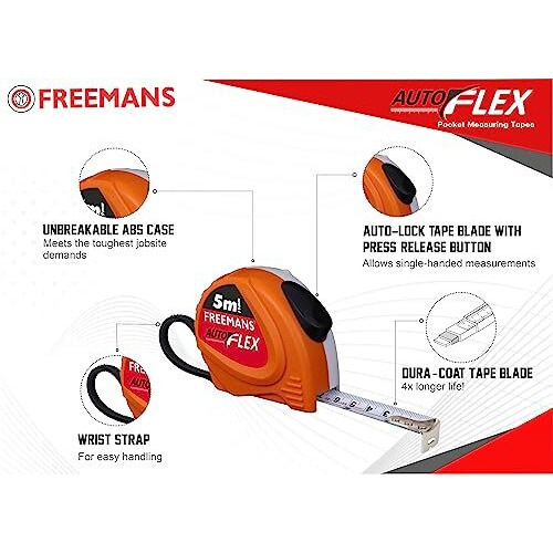 Freemans Autoflex 5M19Mm Steel Inchi Pocket Measuring Tape With Unbreakable Abs Case, Auto-Lock Tape Blade And Press Release Button, Hand Strap And Belt-Clip