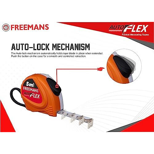 Freemans Autoflex 5M19Mm Steel Inchi Pocket Measuring Tape With Unbreakable Abs Case, Auto-Lock Tape Blade And Press Release Button, Hand Strap And Belt-Clip
