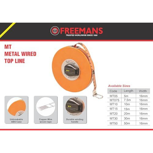Freemans Top Line 50M16Mm Metal Wired Measuring Tape - 50M/165Ft || Case Reinforced With Stainless Steel Band || Durable Winding Mechanism Handle And Stainless Steel Mouth With End Hook