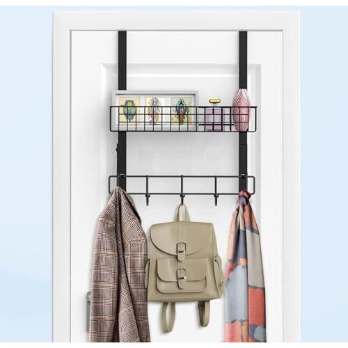 Konquer Times Heavy Duty Stainless Steel Over The Door Hook Hanger Organizer/Wall Hook Rack, No Drilling Required (With Basket)
