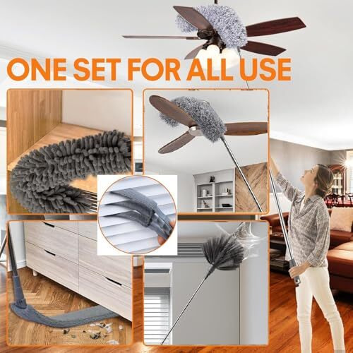 6Pcs Set Microfiber Feather Dusters With 100 Inch Extendable Long Rod & Bendable Duster For High Ceiling Cleaning Fan Spider Webs Blinds Furniture Under Appliances Gap Dust Cleaner Reusable & Washable