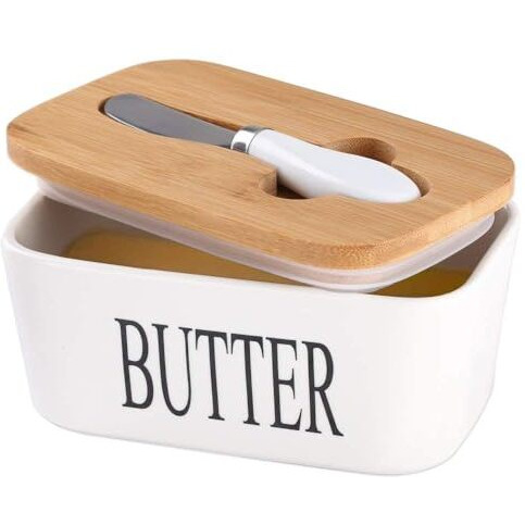 Ceramic Butter Dish With Wooden Lid, Large Butter Container Keeper Storage Plate With Steal Butter Knife, Bamboo Cover And Silicone Sealing Ring For West East Coast Butter (White, Large)