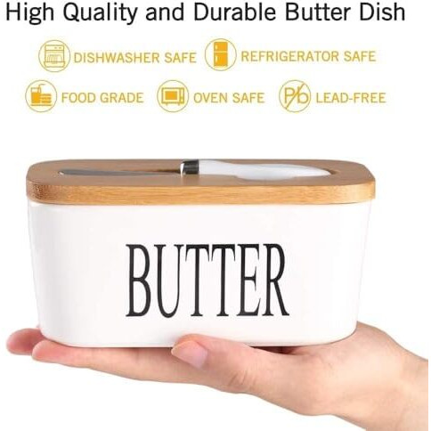 Ceramic Butter Dish With Wooden Lid, Large Butter Container Keeper Storage Plate With Steal Butter Knife, Bamboo Cover And Silicone Sealing Ring For West East Coast Butter (White, Large)