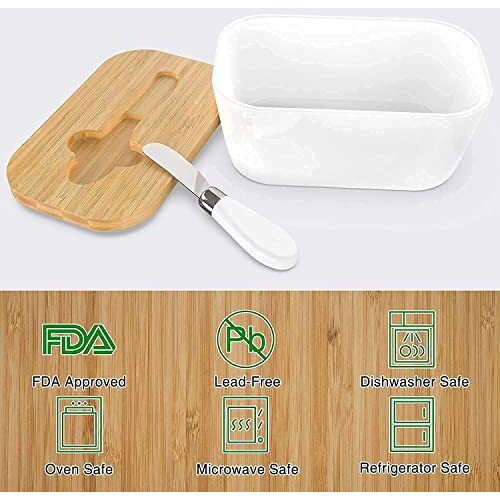Ceramic Butter Dish With Wooden Lid, Large Butter Container Keeper Storage Plate With Steal Butter Knife, Bamboo Cover And Silicone Sealing Ring For West East Coast Butter (White, Large)