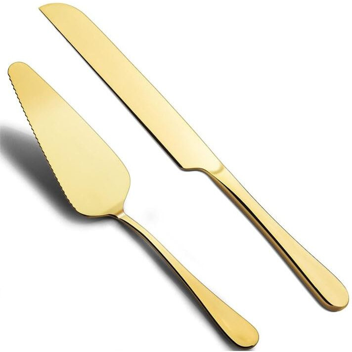 Thw 2Pcs Wedding Cake Knife & Server Set, Stainless Steel Cake Cutting Set Wedding Cake Knife And Server Set Cake Cutter Set For Wedding Birthday Celebration (Gold)