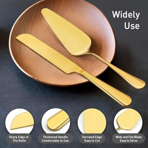 Thw 2Pcs Wedding Cake Knife & Server Set, Stainless Steel Cake Cutting Set Wedding Cake Knife And Server Set Cake Cutter Set For Wedding Birthday Celebration (Gold)
