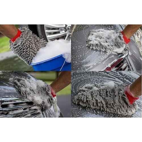 Auto Hub Microfiber Car Cleaning Cloth And Wash Mitt Kit - Includes Ultra Soft 600 Gsm Extra Large (30X40 Cm) Microfiber Cloth For Car And Dual Sided Chenille Microfiber Wash Mitt 1700 Gsm