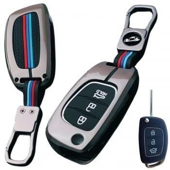 Techsrmaji Metal Silicon Car Key Cover Compatible For Hyundai Creta, Venue, Extertucson, Alcazar, I20, Grand I10 Nios, Aura, Xcent, 3 Button Smart Metal Flip Key Cover