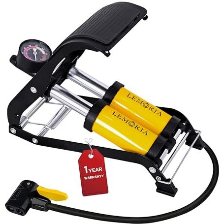 Lemoria Manual Air Pump For Car Tyre And Bike 160 Psi Double Cylinder Portable Foot Pump Air Tyre Inflator For Car Bike And Cycle With Pressure Gauge, 1 Year Warranty, Yellow