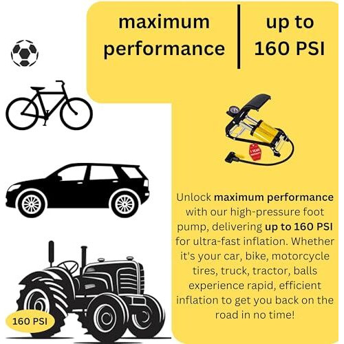 Lemoria Manual Air Pump For Car Tyre And Bike 160 Psi Double Cylinder Portable Foot Pump Air Tyre Inflator For Car Bike And Cycle With Pressure Gauge, 1 Year Warranty, Yellow