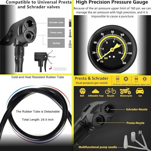 Lemoria Manual Air Pump For Car Tyre And Bike 160 Psi Double Cylinder Portable Foot Pump Air Tyre Inflator For Car Bike And Cycle With Pressure Gauge, 1 Year Warranty, Yellow