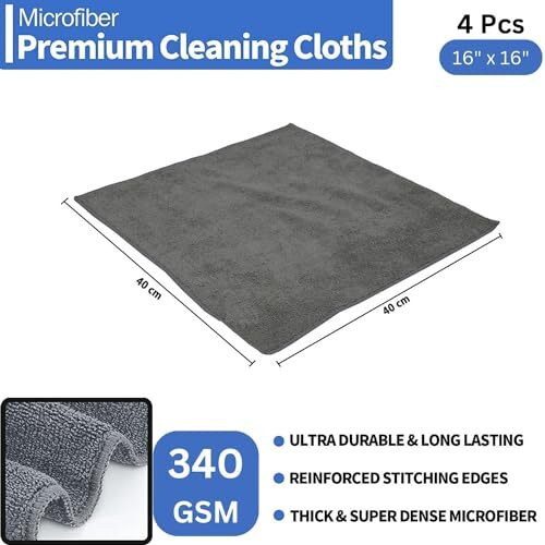Sobby Microfiber Cleaning Cloth For Home Kitchen Car Bike Laptop Cleaning, 4 Pcs Reusable Absorbent Lint Free Microfiber Car Cleaning Cloth - 40X40 Cm, 340 Gsm, Grey