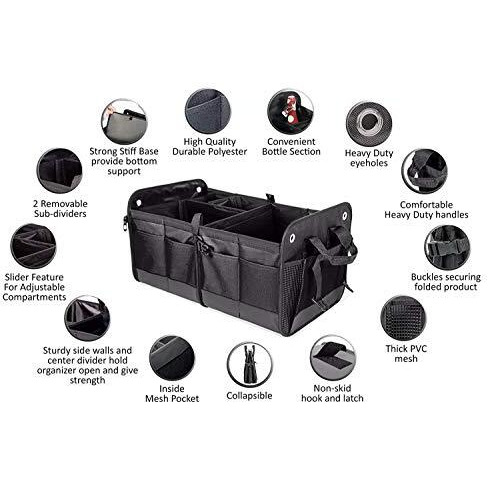 Double R Bags Polyester Multi Compartments Collapsible Portable Car Accessories For Trunk Dicky Boot Organizer Storage Garage Sedan Suv Cars Minivan Cargo Gift Kids Toy 2020 (Black) - Automobiles