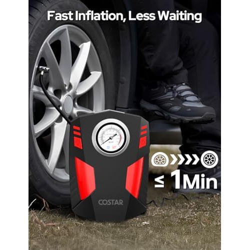 Costar Tyre Inflator For Car, 150 Psi Portable Air Compressor, 12V Dc Electric Air Pump With Led Flash Light, Multiple Nozzles For Bikes, Bicycles & Balls