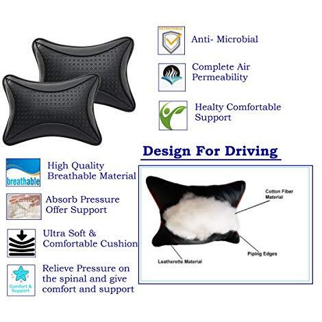 Auto Hub Faux Leather Car Neck Rest Pillow, Cushion For All Cars - Pack Of 2 (Black)