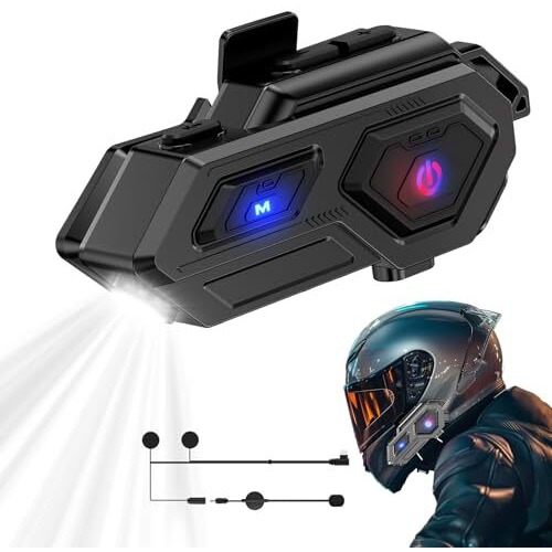 Edyell Motorcycle Bluetooth Headsets, Led Emergency Light, Hd Calling Hifi Stereo Sound, Wireless Dual Earphone On-Ear Helmet Bluetooth V5.4, Ip67 Waterproof, Compatible With All Helmets(C8)