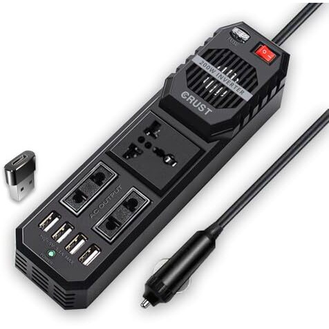 Crust N80 Car Laptop Charger Power Inverter 200W 12V Dc To 220V Ac, 3 Ac Outlets, 4 Usb Ports + 15W Type C Adapter, Rapid Cooling Fan, External Fuse, 6 Layers Of Protection