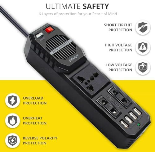 Crust N80 Car Laptop Charger Power Inverter 200W 12V Dc To 220V Ac, 3 Ac Outlets, 4 Usb Ports + 15W Type C Adapter, Rapid Cooling Fan, External Fuse, 6 Layers Of Protection