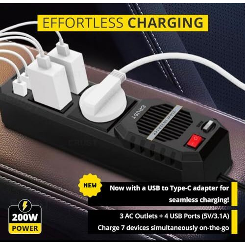 Crust N80 Car Laptop Charger Power Inverter 200W 12V Dc To 220V Ac, 3 Ac Outlets, 4 Usb Ports + 15W Type C Adapter, Rapid Cooling Fan, External Fuse, 6 Layers Of Protection