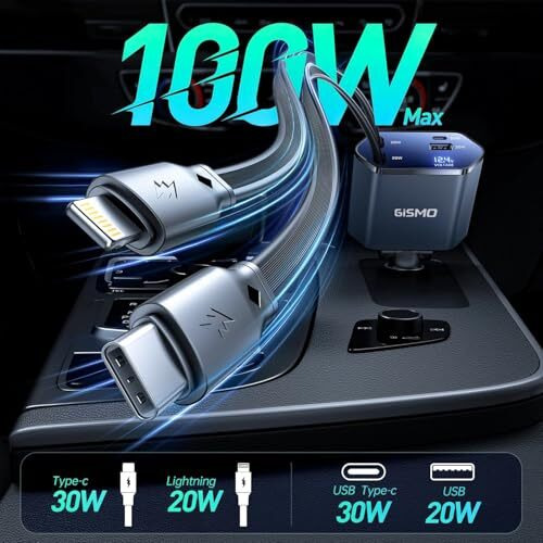 Gismo Retractable Car Charger 100 W 4 In 1 Super Fast Phone Charge Retractable Cables (31.5 Inches) Type C And Lighting Cable And 2 Ports Compatible, For Iphone 16/15/14/13/12 Pro Max/Ipad, Grey