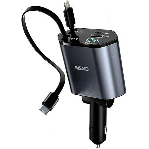 Gismo Retractable Car Charger 100 W 4 In 1 Super Fast Phone Charge Retractable Cables (31.5 Inches) Type C And Lighting Cable And 2 Ports Compatible, For Iphone 16/15/14/13/12 Pro Max/Ipad, Grey