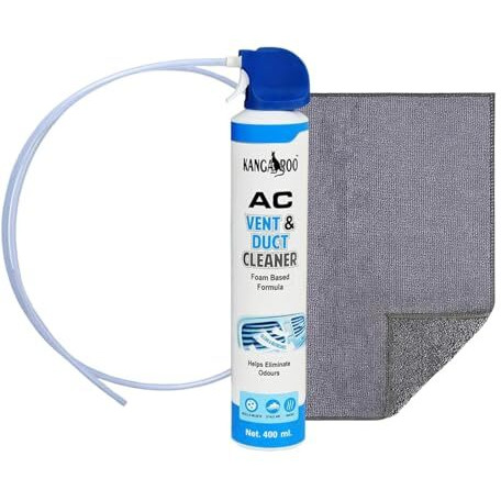 Kangaroo Car Ac Vent & Duct Cleaner 400 Ml Spray With Microfiber Cloth Pack Of 1 | Odour Neutralizer | Long Nozzle Pipe For Deep Cleaning | Removes Dirt, Dust & Allergens With Microfiber Cloth
