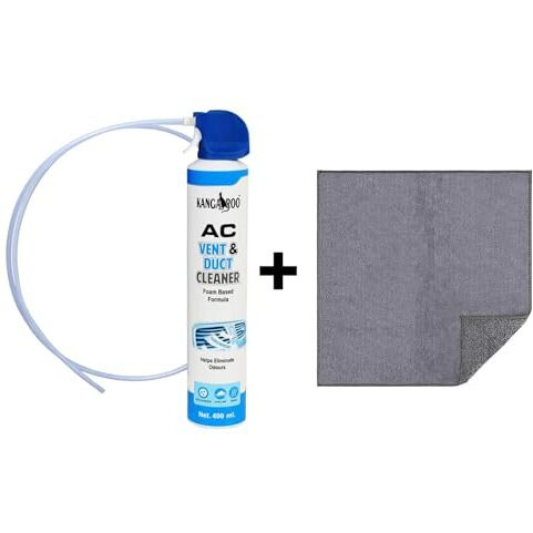 Kangaroo Car Ac Vent & Duct Cleaner 400 Ml Spray With Microfiber Cloth Pack Of 1 | Odour Neutralizer | Long Nozzle Pipe For Deep Cleaning | Removes Dirt, Dust & Allergens With Microfiber Cloth