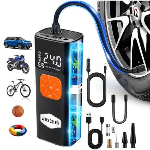 Woscher I6 2In1 Cordless Tyre Inflator For Car & Bike |150 Psi Wireless Tyre Inflator | Digital Display | Air Pump Compressor For Car,Bikes,Bicycles & Balls | Type-C| Auto Shut-Off |From Datson Group