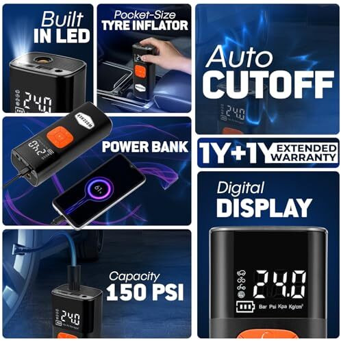 Woscher I6 2In1 Cordless Tyre Inflator For Car & Bike |150 Psi Wireless Tyre Inflator | Digital Display | Air Pump Compressor For Car,Bikes,Bicycles & Balls | Type-C| Auto Shut-Off |From Datson Group