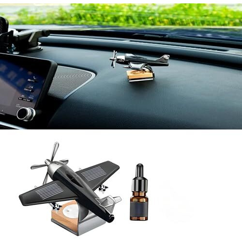 Detachi Solar Dashboard Airplane Wooden Base Air Freshner Diffuser, Alloy Solar Energy Rotating Airplane Ornament For Car (Black)
