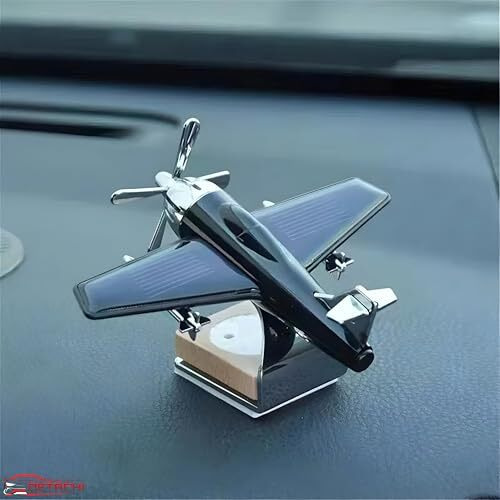 Detachi Solar Dashboard Airplane Wooden Base Air Freshner Diffuser, Alloy Solar Energy Rotating Airplane Ornament For Car (Black)
