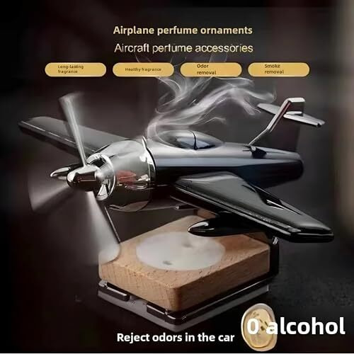 Detachi Solar Dashboard Airplane Wooden Base Air Freshner Diffuser, Alloy Solar Energy Rotating Airplane Ornament For Car (Black)