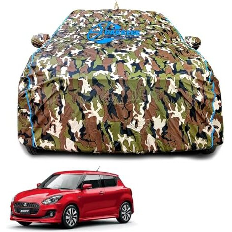 Garrege Maruti Swift 2018-24 Car Body Cover Waterproof With Mirror For Antenna Pocket And Soft Cotton Lining (Full Bottom Elastic Triple Stitched) (Jungle Print With Blue Piping) Style