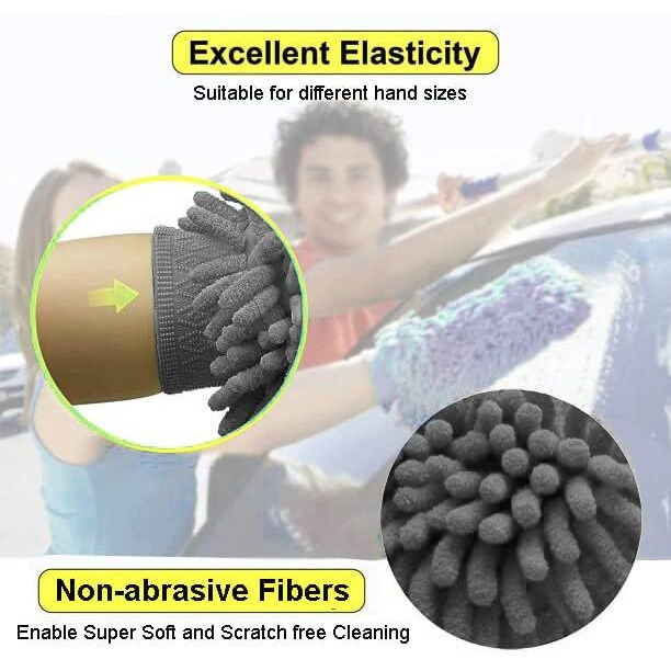 Max Microfiber Car Wash Chenille Mitt Gloves (2 Pcs, 2400 Gsm, Xl Size 26X19 Cm, Grey) Double Sided, Super Absorbent Gloves For Cleaning, Washing And Dusting Car, Home, Kitchen And Office