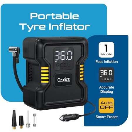 Ceptics Portable 150Psi Tyre Inflator For Car Compressor Air Pump - Metal Cylinder Fast Inflation Pump 12V Dc With Led Light For Cars, Bicycles