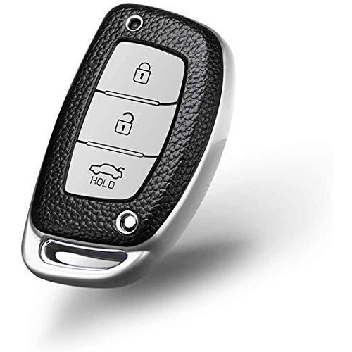 Jvcv Premium Soft Tpu Leather Pattern Key Cover Compatible With Hyundai Creta, I10 Grand, I20 Elite, I20 Active, Xcent, Verna 4S, Tucson, Elantra, Grand I10 Nios 3 Button Smart Key (Silver Black)