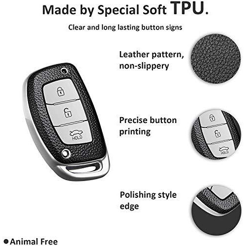 Jvcv Premium Soft Tpu Leather Pattern Key Cover Compatible With Hyundai Creta, I10 Grand, I20 Elite, I20 Active, Xcent, Verna 4S, Tucson, Elantra, Grand I10 Nios 3 Button Smart Key (Silver Black)