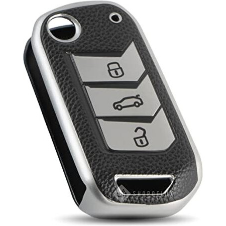 Shopoflux Tpu Leather Key Cover Compatible With Mahindra Scorpio N | 3Xo | Xuv 300 | Marazzo | Xuv 700 | Xuv 400 Ev | Bolero | Thar 3 Button Flip Key (Black Silver)