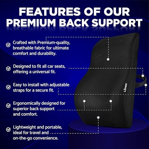 Lunex Premium Car Seat Back Support, Car Backrest Cushion & Lumbar Support For Car & Office Chair  Ergonomic Comfort For Driving & Sitting | Black