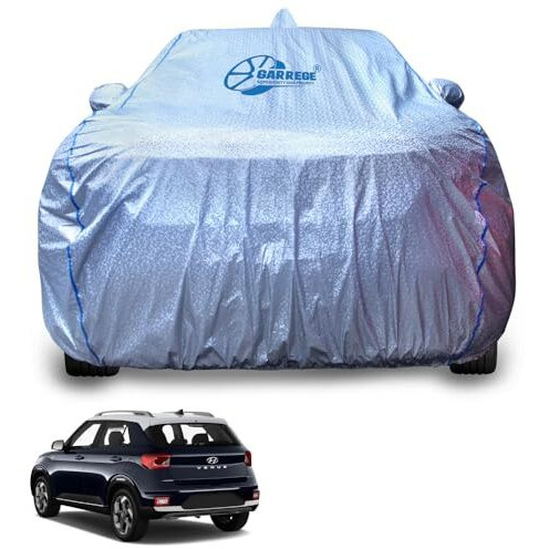 Garrege Metallic Silver Triple Coated Inner Soft Lining Cotton Waterproof Car Body Cover With Mirror Antena Pocket Blue Strap Style For Hyundai Venue Cars (Box Printed Silver)