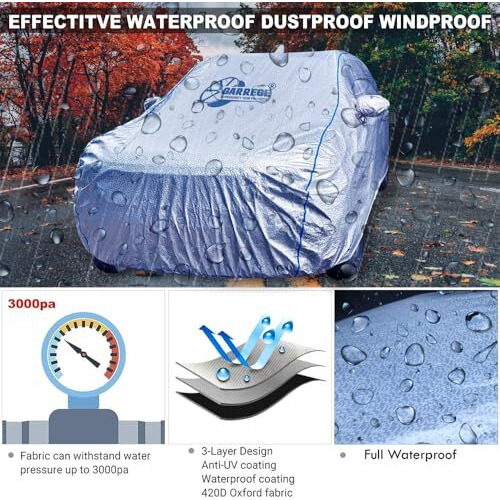 Garrege Metallic Silver Triple Coated Inner Soft Lining Cotton Waterproof Car Body Cover With Mirror Antena Pocket Blue Strap Style For Hyundai Venue Cars (Box Printed Silver)