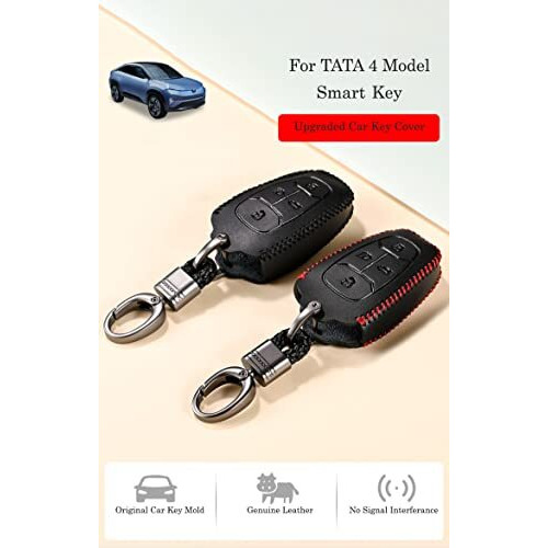 Contacts Black Soft Leather Car Key Cover Compatible With Tata 4 Button Smart Key With Key Chain For Nexon, Harrier, Altroz, Tigor, Punch, Tiago Ev Electric, Bs6, Safari 2021, Safari Gold