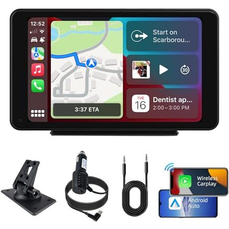 Plimpton Upgraded Portable Carplay Android Auto Screen For Car, 7 Inch Ips Touch Screen Wireless Car Play Driveplay Multimedia Player With Voice Control, Bt, Mirror Link For All Vehicle