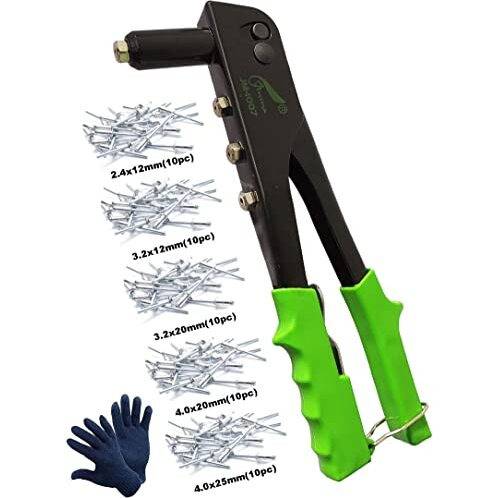 Inditrust Non Slip 10.5" Rivet Gun Hand Riveter Nail Gun, Pop Riveter 10.5" Green With Rivets And Gloves (With 50 Rivets, Steel, 10.5Inch)