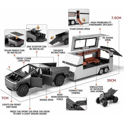 Alokik Enterprise 132 Scale Die-Cast Tesla Cybertruck With Pick-Up Trailer With 6 Openable Doors Pull Back Action,Lights & Music Best Vehicle Gift For Kidspack Of 1Random Color